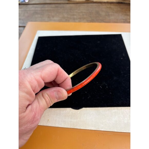 Vintage Brass & Red Enamel Bangle Bracelet - Picture 7 of 8